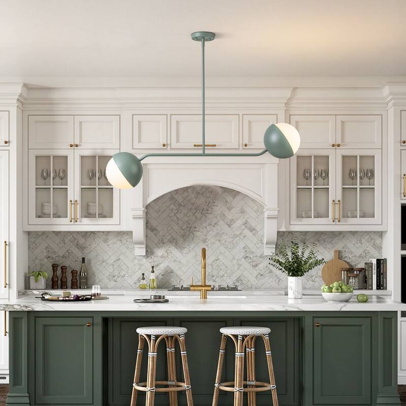 39" W Modern Asymmetric Green Pendant for Kitchen Island with Milk Glass Globe Shade - 38.6 in. W x 13.4 in. H x 7.5 in. D