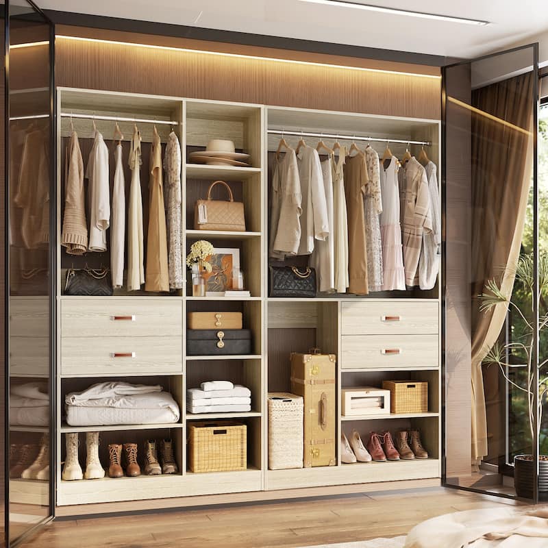 80''W Set of 2 Freestanding Closet System with Drawers, Reversible Wardrobe for Walk-in/ Reach-in Closet - Washed Oak