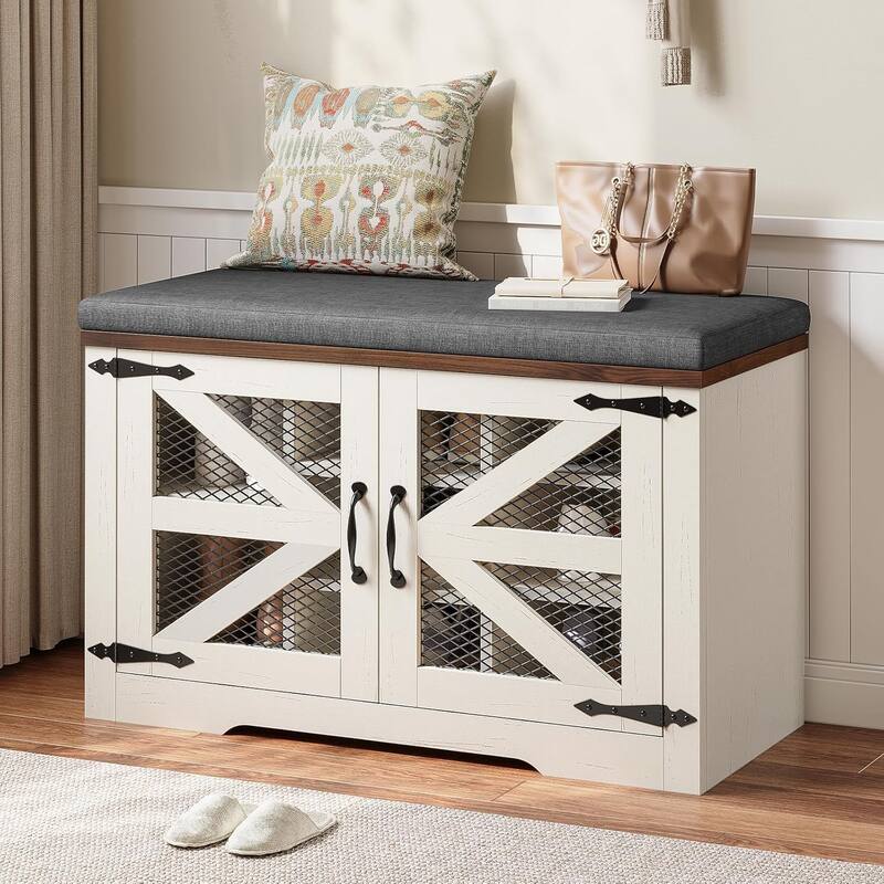Storage Bench with Cushion Adjustable Shelf Shoe Rack Cabinet