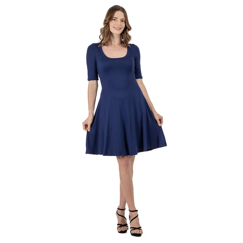 24seven Comfort Apparel A Line Knee Length Dress Elbow Length Sleeves - Blue - L