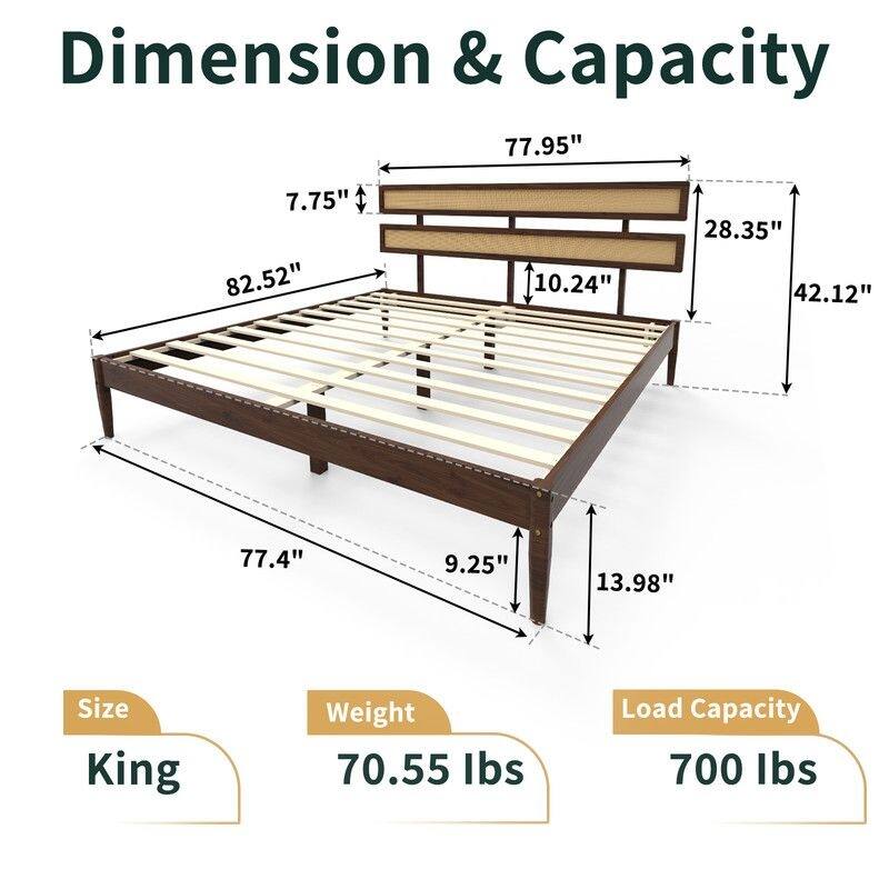 Solid Wood Full Bed Frame Platform Bedframe with Rattan Headboard