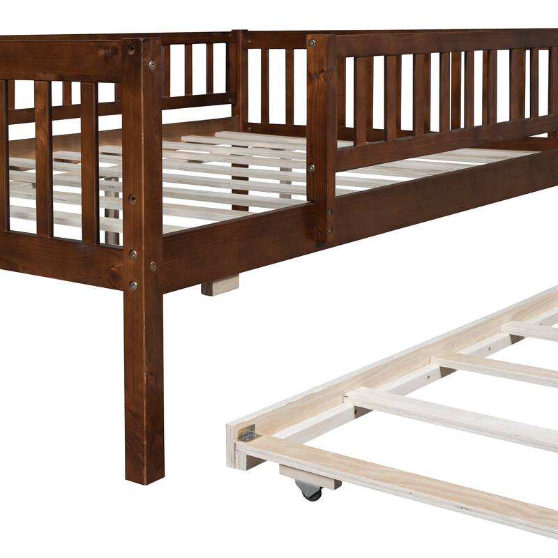 Full Size Wood Daybed with Trundle and Fence Guardrails in Walnut Finish