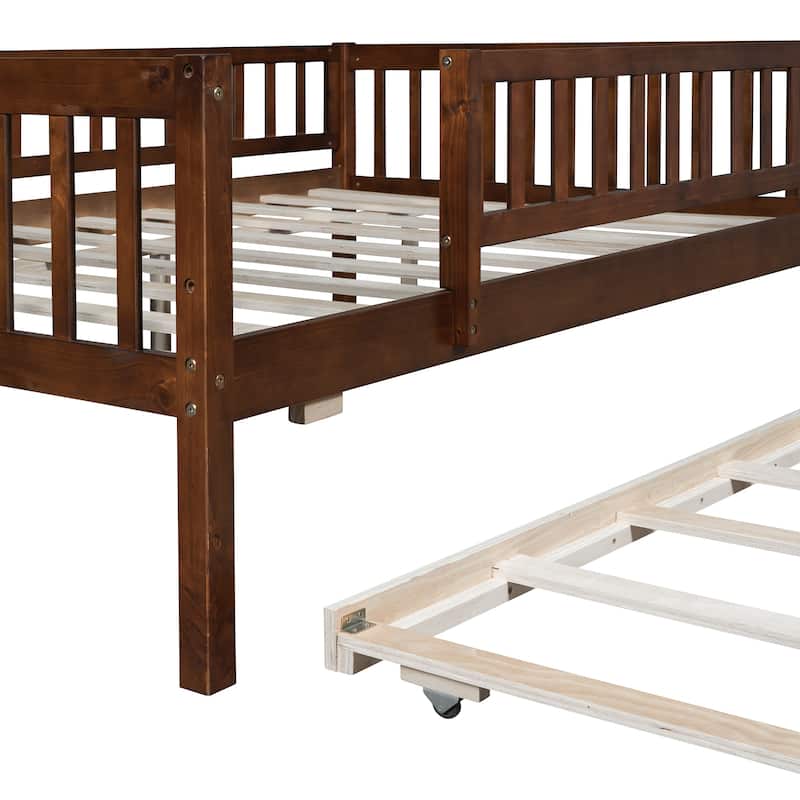 Full Size Wood Daybed with Trundle and Fence Guardrails