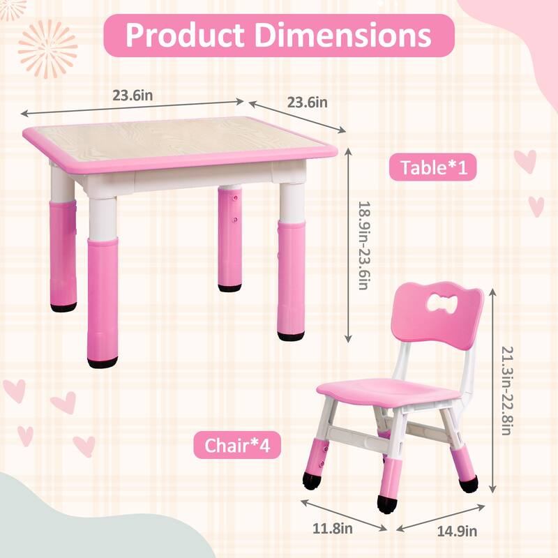 Kids Table and Chairs Set, Height Adjustable Desk with 4 Seats