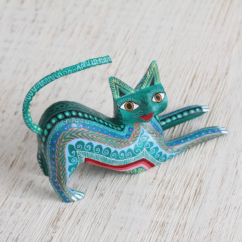 Novica Handmade Cat Stretch Wood Alebrije Figurine - 3.9" H x 5.25" W x 1.5" D