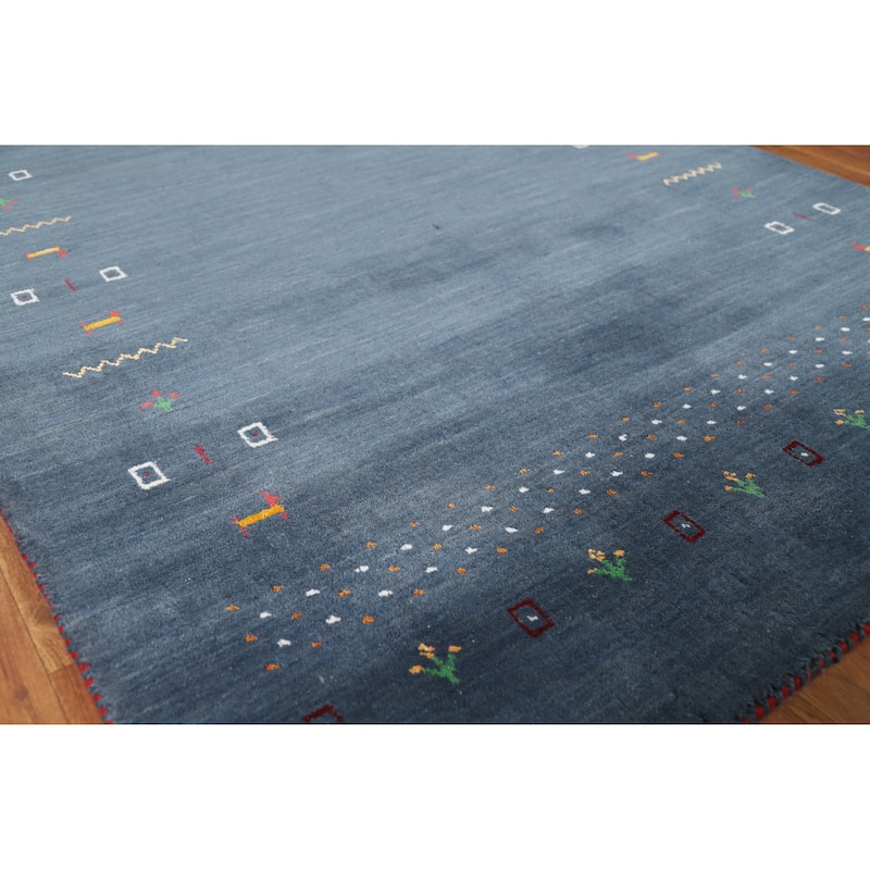 Blue Tribal Gabbeh Indian Accent Rug Hand-Knotted Wool Carpet - 4'1" x 5'10" - 4'1" x 5'10" - Blue