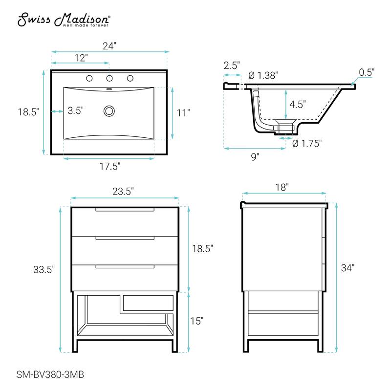 Carre 24 In. White Oak Bathroom Vanity With Black, 3-Hole Ceramic Sink Top