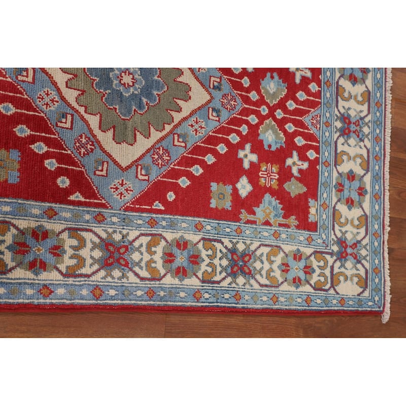 Geometric Red Kazak Foyer Rug Hand-Knotted Oriental Accent Wool Carpet - 3'2" x 4'9"