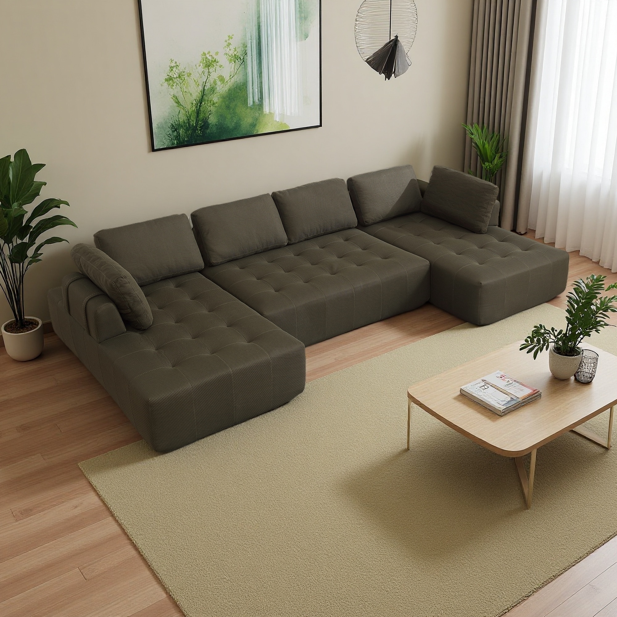 138.5" Mesh Fabric U-Shaped 6-Seater Modular Sofa with Breathable Design and Free Combination
