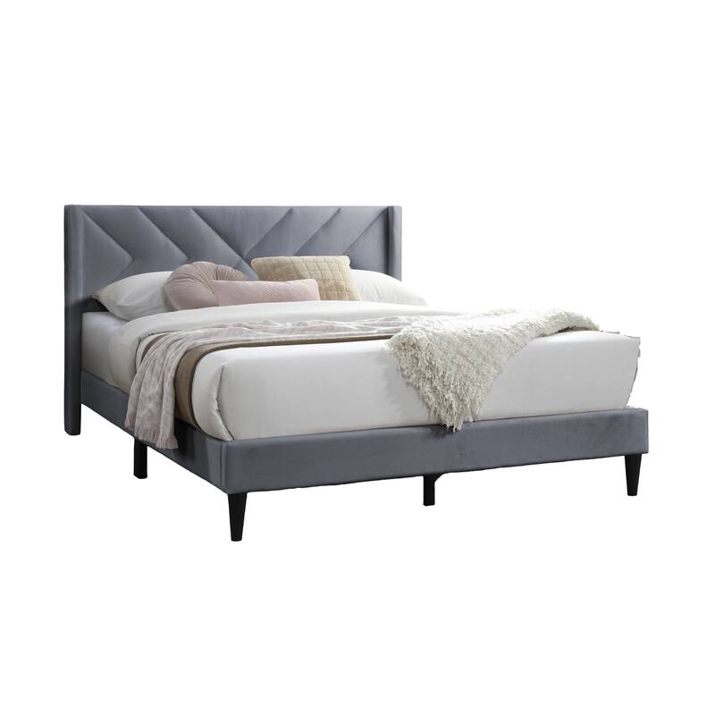 Modern Gray Velvet Upholstered Queen Size Bed with Geometric Headboard