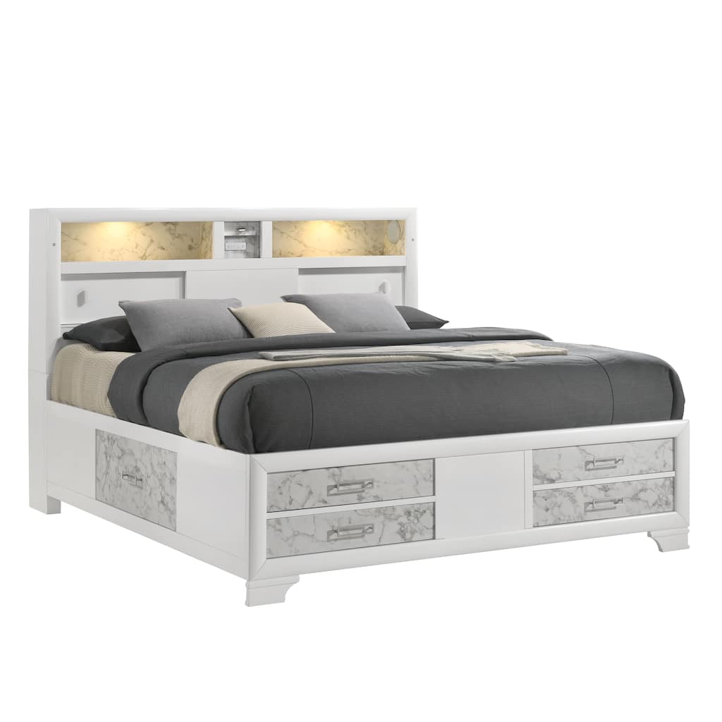 Soul Contemporary Queen/King Bed - White Finish, Marble Accents, Built-in Lighting, Storage Drawers, USB-C & Bluetooth Speakers