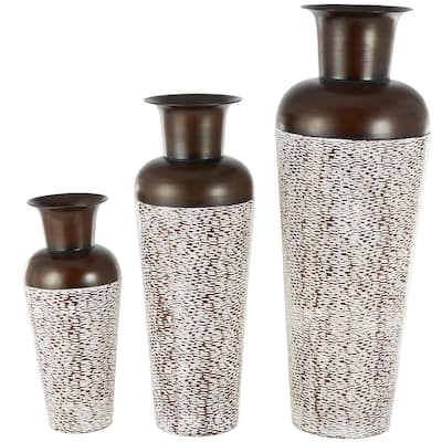 Metal Tall Trellis or Spotted Tapered Floor Decorative Vase with Brown Trumpet Tops - Set of 3 White - Roche River Decor