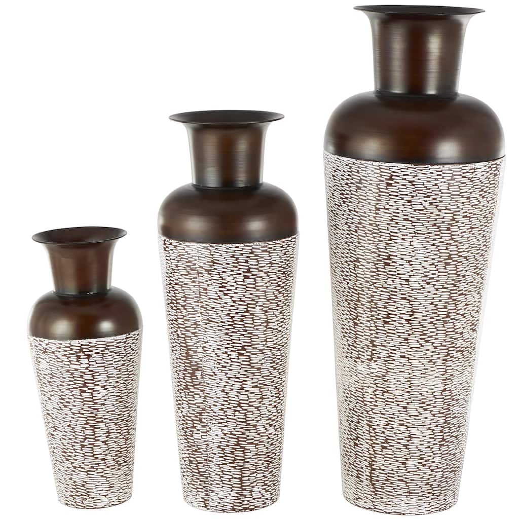 Metal Tall Trellis or Spotted Tapered Floor Decorative Vase with Brown Trumpet Tops - Set of 3 White - Roche River Decor