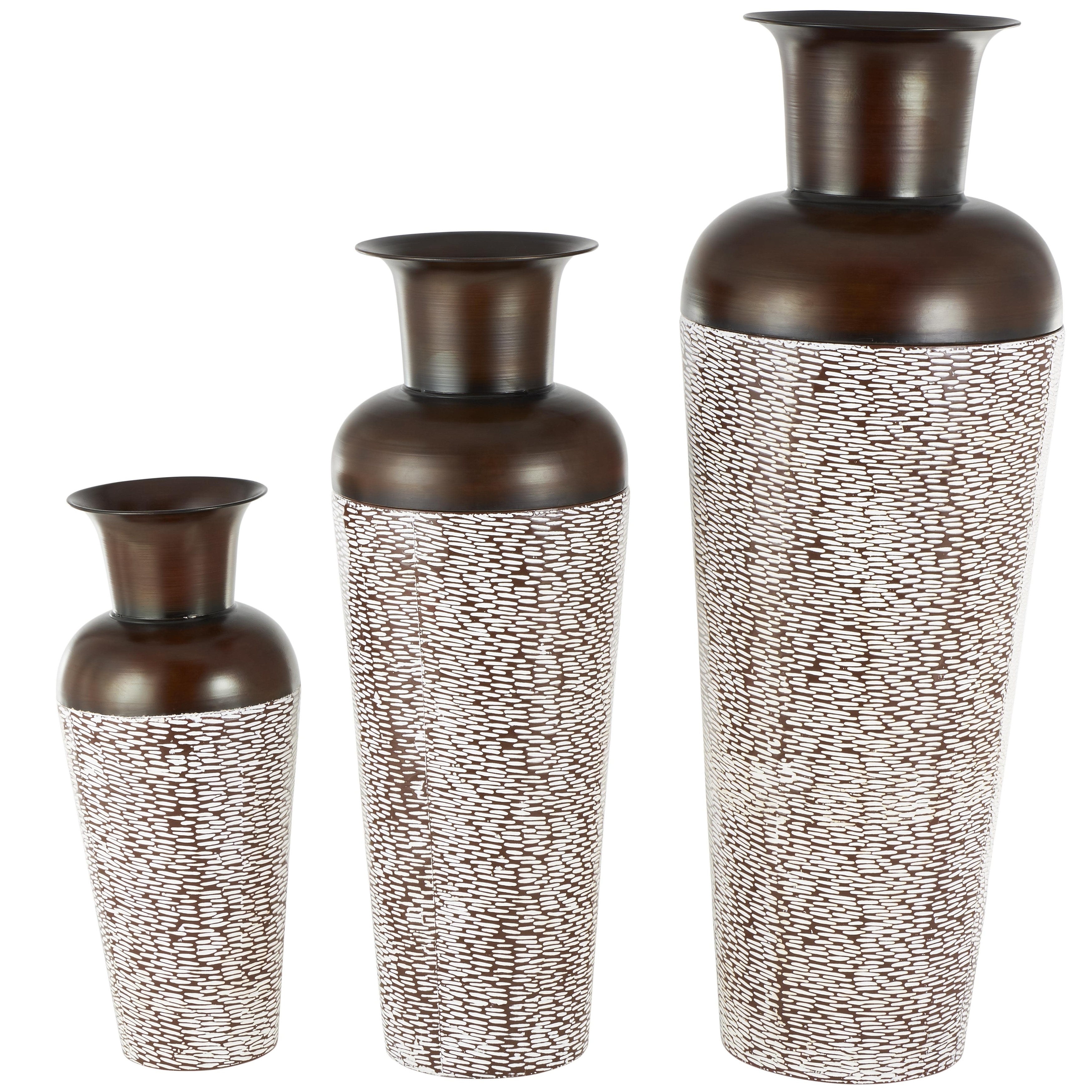 Metal Tall Trellis or Spotted Tapered Floor Decorative Vase with Brown Trumpet Tops - Set of 3 White - Roche River Decor