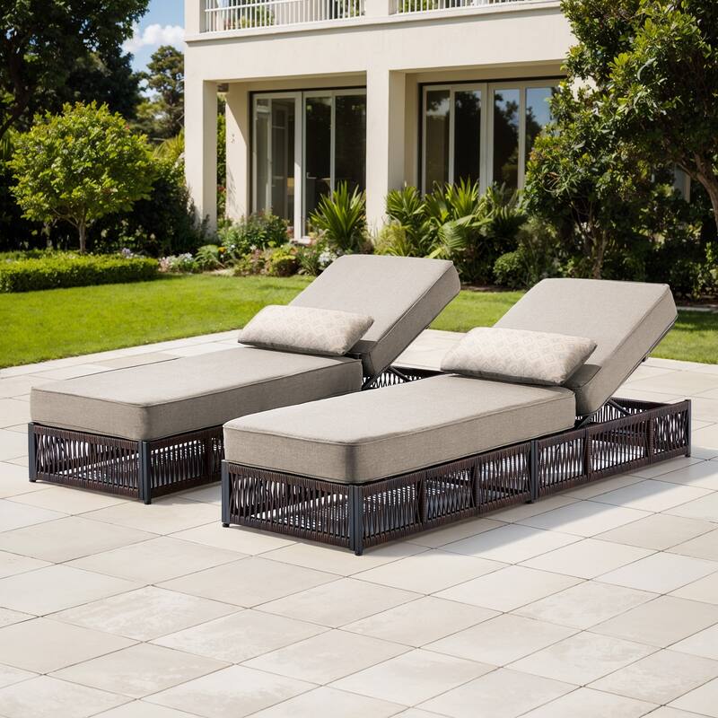 ArcoBay Brown Wicker Outdoor Patio Chaise Lounge with 5-Inch Thick Cushions (2-Pack) - Beige