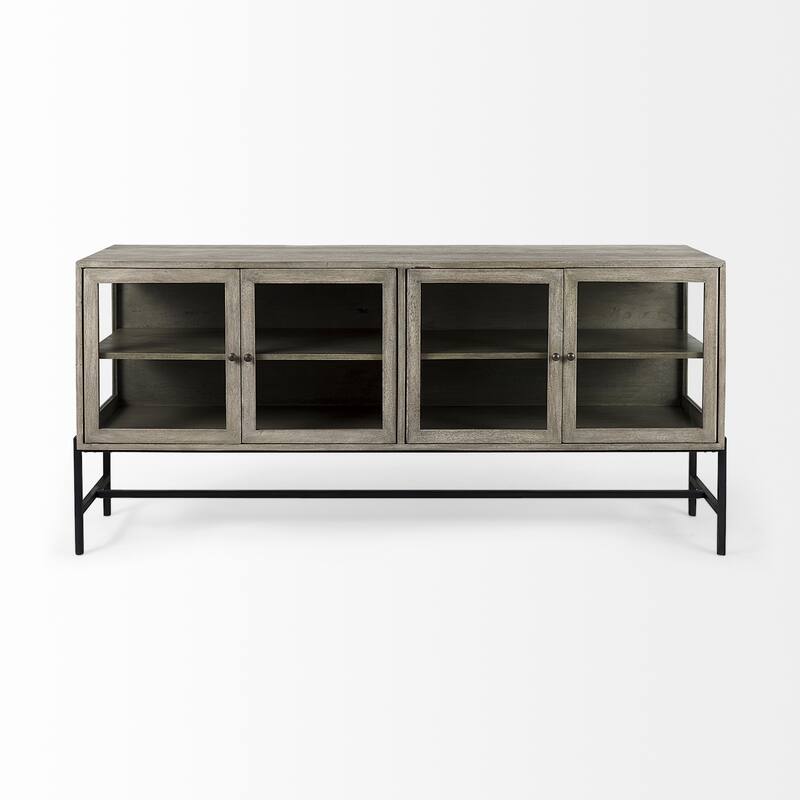 Arelius Light Brown w/ Black Metal Base 4 Door Glass Cabinet Sideboard - 70.0L x 18.0W x 32.0H