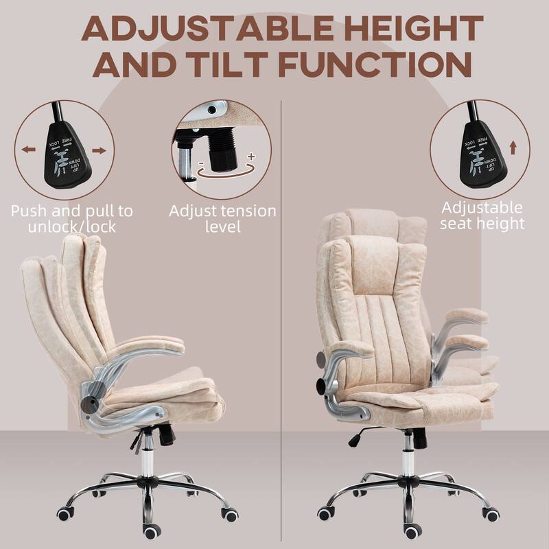 Cream White Ergonomic Chair Upholstered Chair with Flip Up Armrests, Executive Office Chair Swivel Reclining Chair