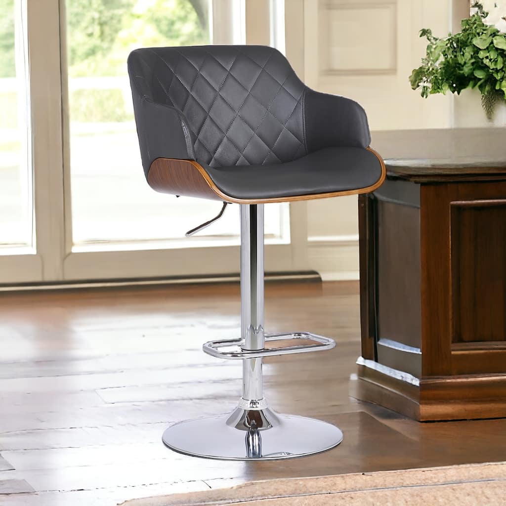 HomeRoots Gray and Silver Faux Leather and Iron Low Back Adjustable Height Swivel Bar Chair