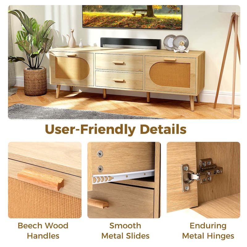 Costway Rattan TV Stand for 65-Inch TV 59" TV Console Cabinet Boho - 59" x 16" x 20" (L x W x H)