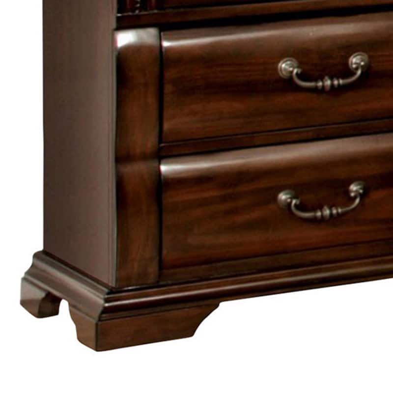 3 Drawer Wooden Nightstand with Metal Handles and Carved Details, Brown