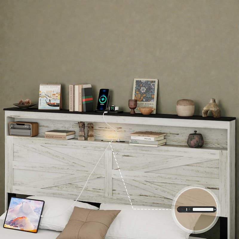 Floating Platform Bed Frame with LED Lights, Charging Station, Headboard & Hidden Storage, No Box Spring Needed