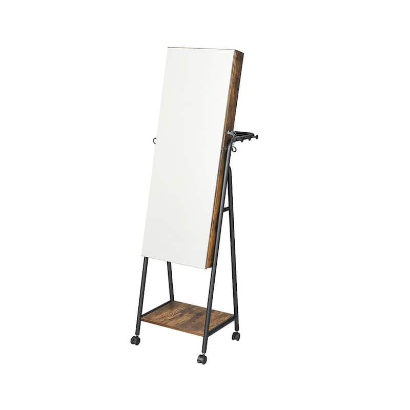 Rustic Brown Standing Lockable Mirror Jewelry Cabinet with 4 Wheels and 6 LED Lights - Brown-Black