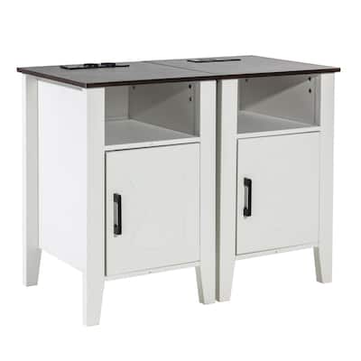White Wood Farmhouse End Table Set od 2 with Sliding Doors and Charging Station - 24.06” L x 15.98” W x 15.98” H