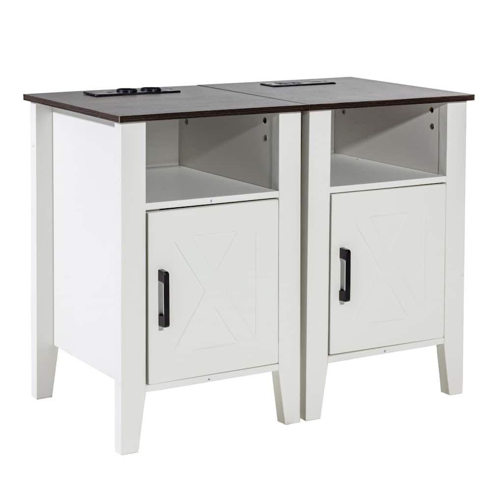White Wood Farmhouse End Table Set of 2 with Sliding Doors and Charging Station - 24.06” L x 15.98” W x 15.98” H