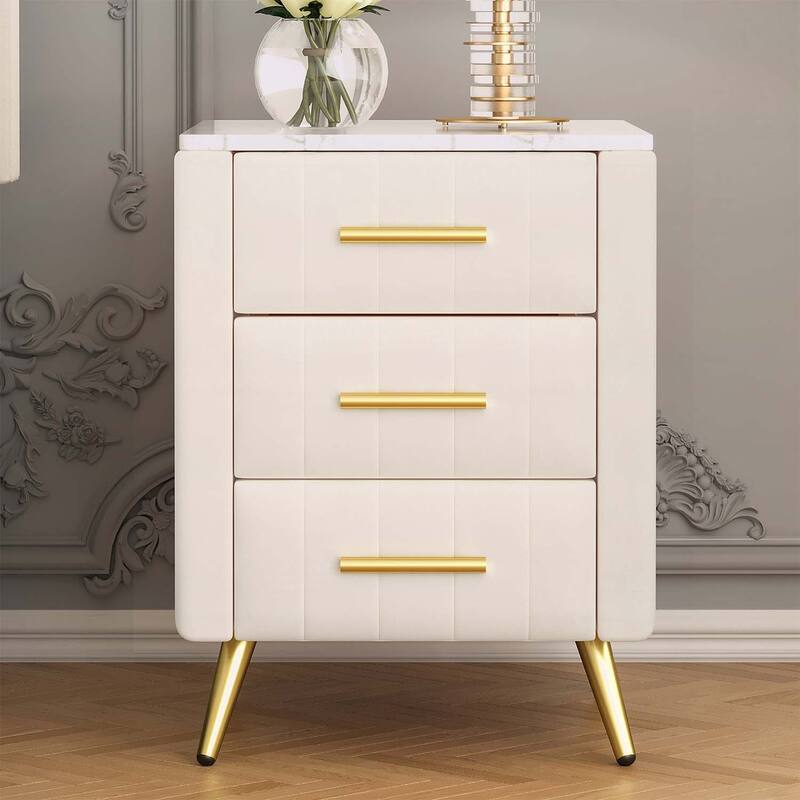 Stylish Design Upholstered Nightstand with 3 Drawers and Metal Legs & Handles - Beige