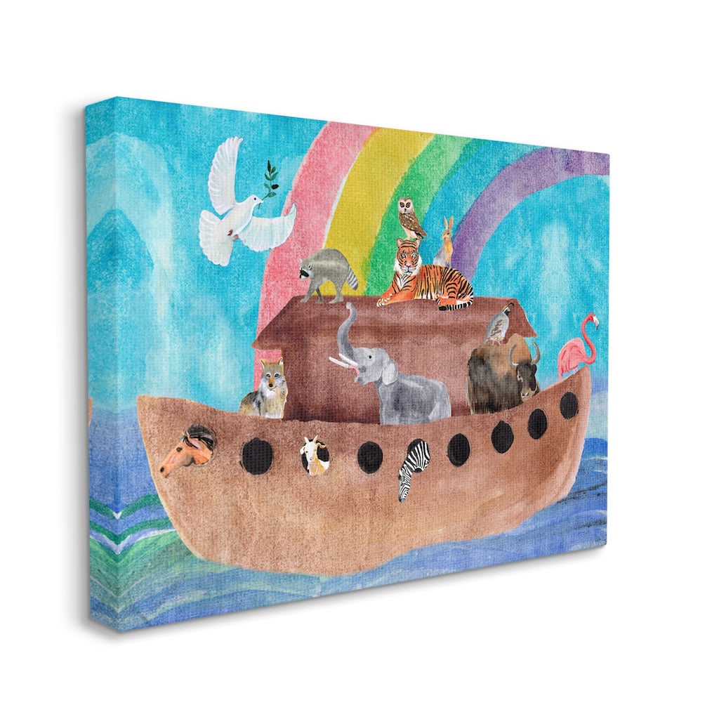 Stupell Cute Animals Watercolor Noah's Ark Under Rainbow Canvas Wall Art