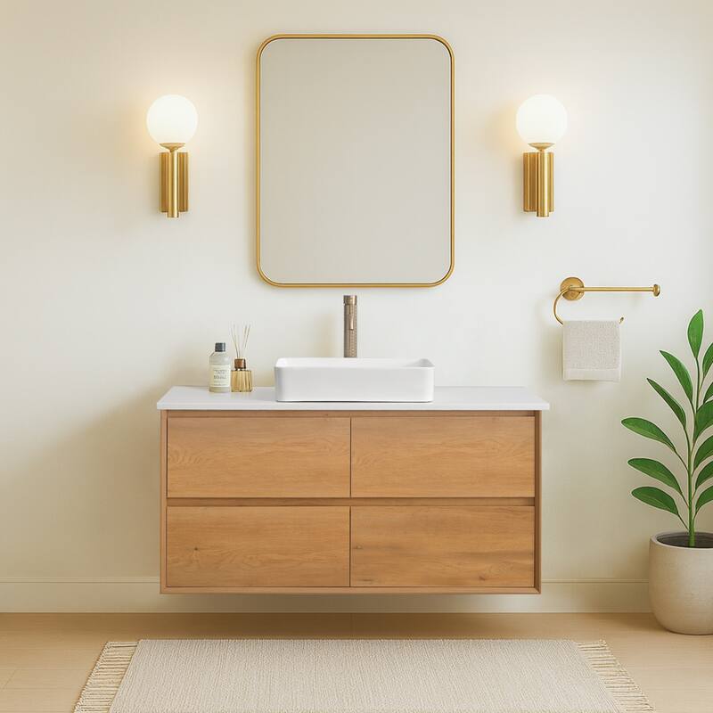 48" Floating Bathroom Vanity Quartz Counter Top with Ceramic Vessel Sink