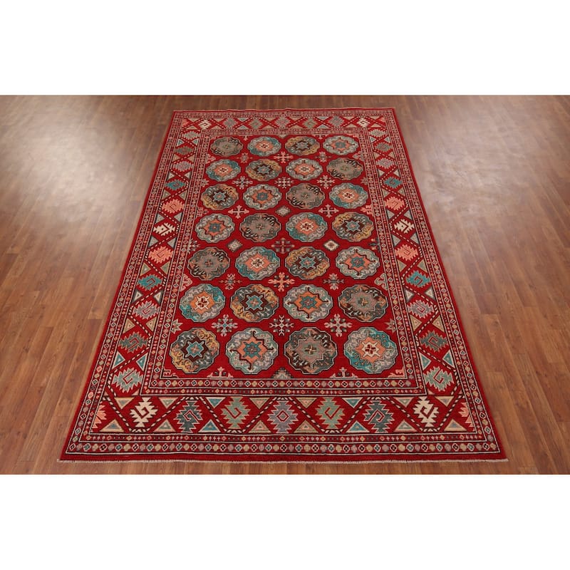 All-Over Red Geometric Kazak Area Rug Handmade Wool Carpet - 6'5" x 9'9"