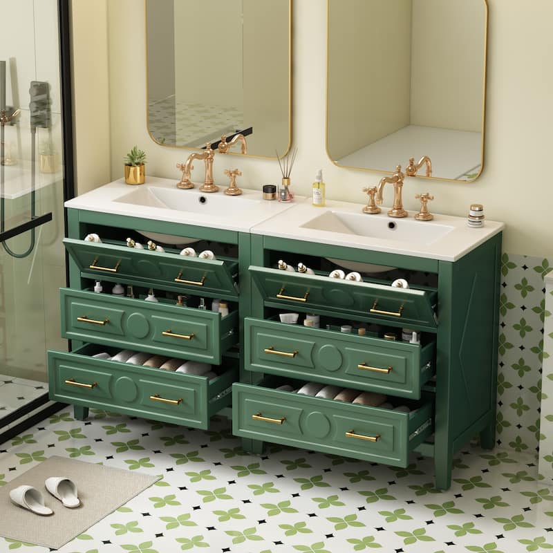 GDFStudio - Wellington Retro Freestanding Double Bathroom Vanity Set with Ceramic Sink and 3 Storage Drawers - 60'W