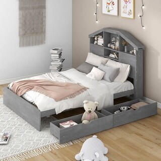 Gray Full Size Wood Bed with House-shaped Headboard and Drawers
