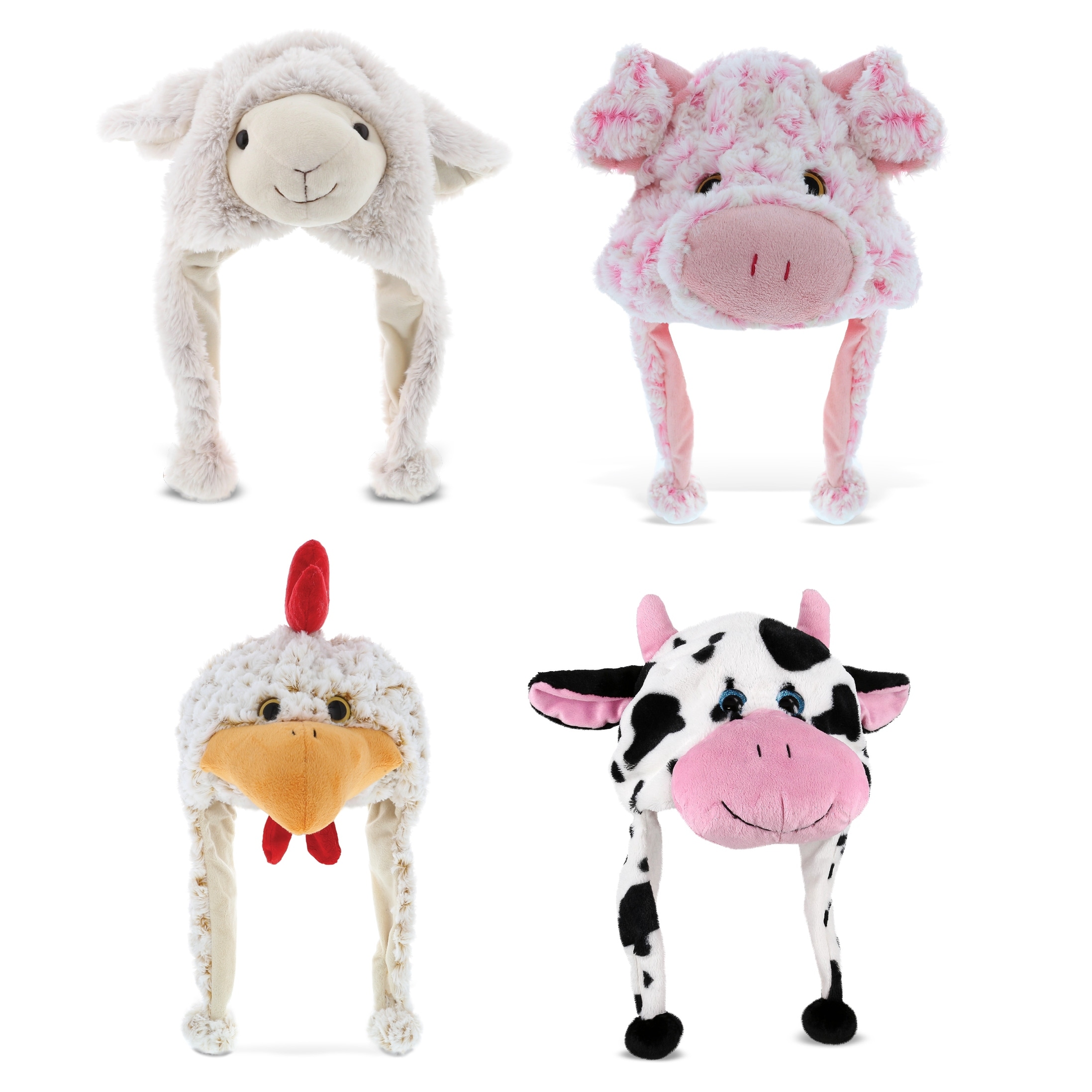 Dollibu Collection of 4 Farm Animal Super Soft Hats With Ear Flaps