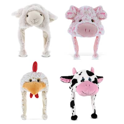 Dollibu Collection of 4 Farm Animal Super Soft Hats With Ear Flaps