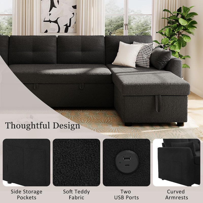 Teddy Fabric Sectional Sofa Convertible Sleeper Sofa Modern U-Shaped Couch Dual Storage Chaise Lounge with Pockets and USB Ports