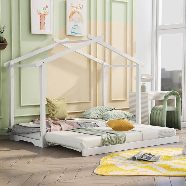 slide 2 of 11, Twin XL/King Size House Platform Bed with Trundle, Roof Design for Kids Teens, Wooden House Bedframe w/Customizable Themes,White White - Twin XL