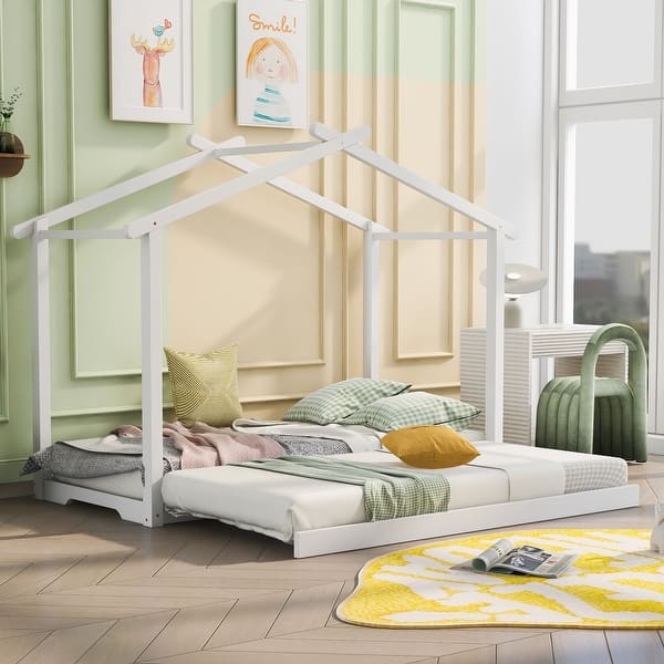 slide 2 of 9, Twin XL/King Size Modern Roof Design House Platform Bed with Trundle White