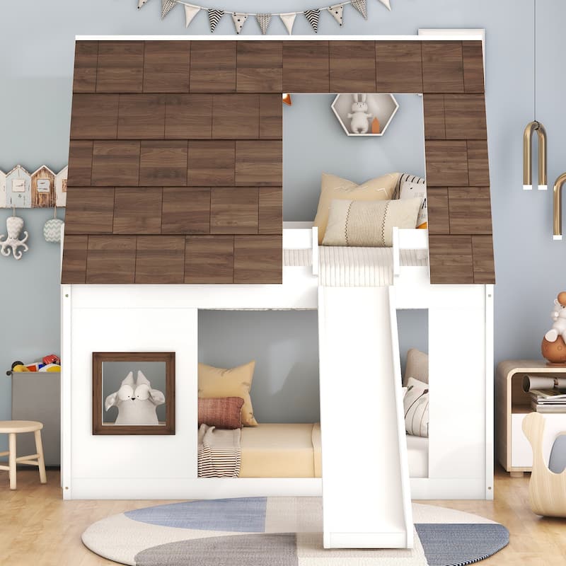 Wood Twin Size House Bunk Bed with Roof, Ladder and Slide, White+Brown