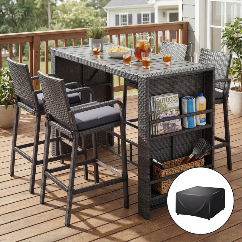 5/7-Piece Outdoor Wicker Bar Height Patio Dining Set, PE Rattan High Top Table with Storage & Bar Stool