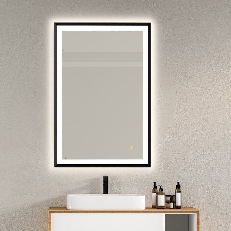 Apollo Rectangular Anti-Fog Dimmable Modern Bathroom/Vanity LED Lighted Wall Mirror in Matte Black Aluminum Framed