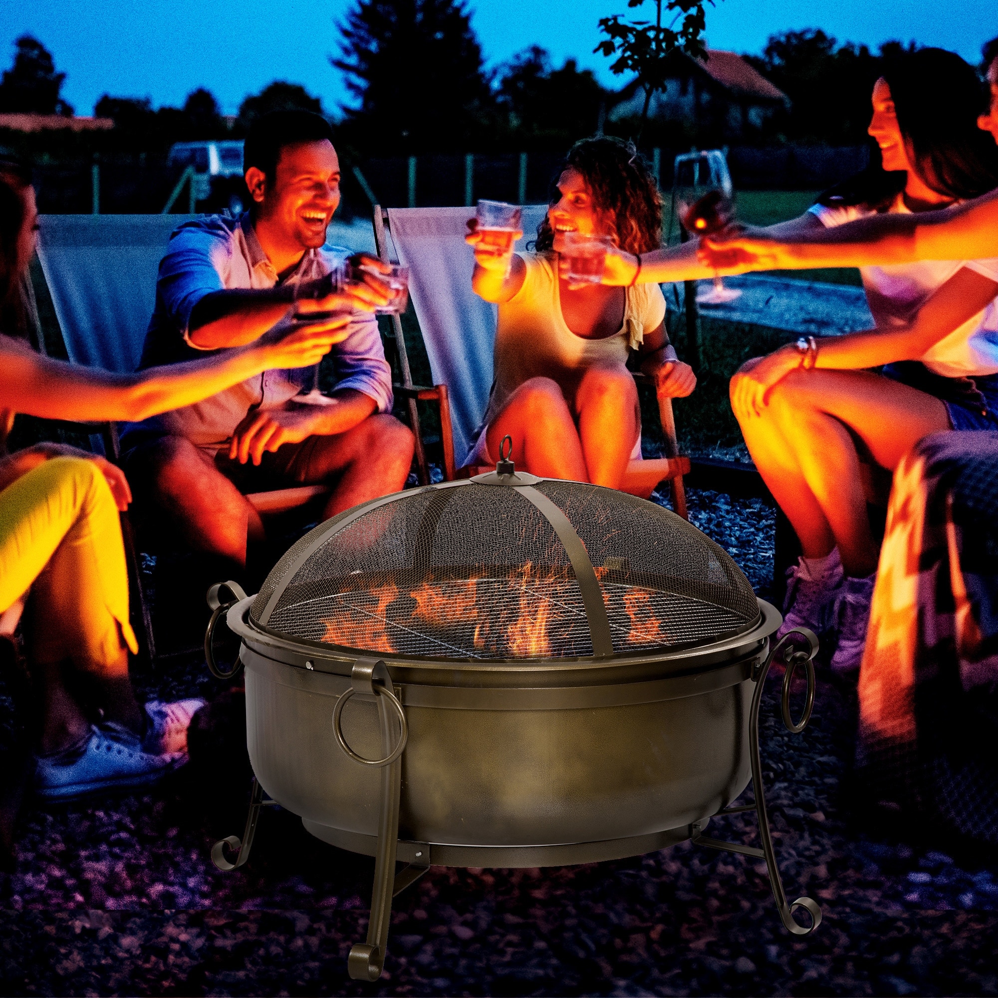 Outsunny 2-in-1 Outdoor Fire Pit with BBQ Grill, 37 Inch Patio Heater Log Wood Charcoal Burner with Spark Screen Cover, Poker