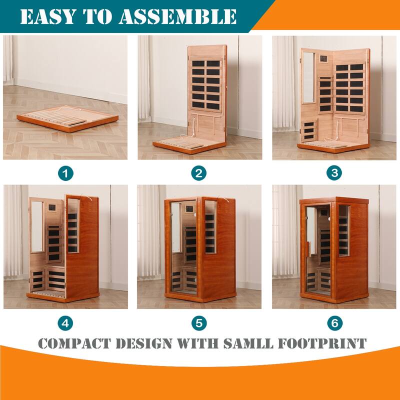 1 Person Far Infrared Sauna Low EMF Carbon Fiber Heating Okoume Wood Home Spa with Bluetooth - N/A