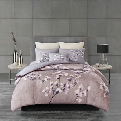 N Natori Sakura Blossom Lilac Cotton Sateen Printed Duvet Cover Set