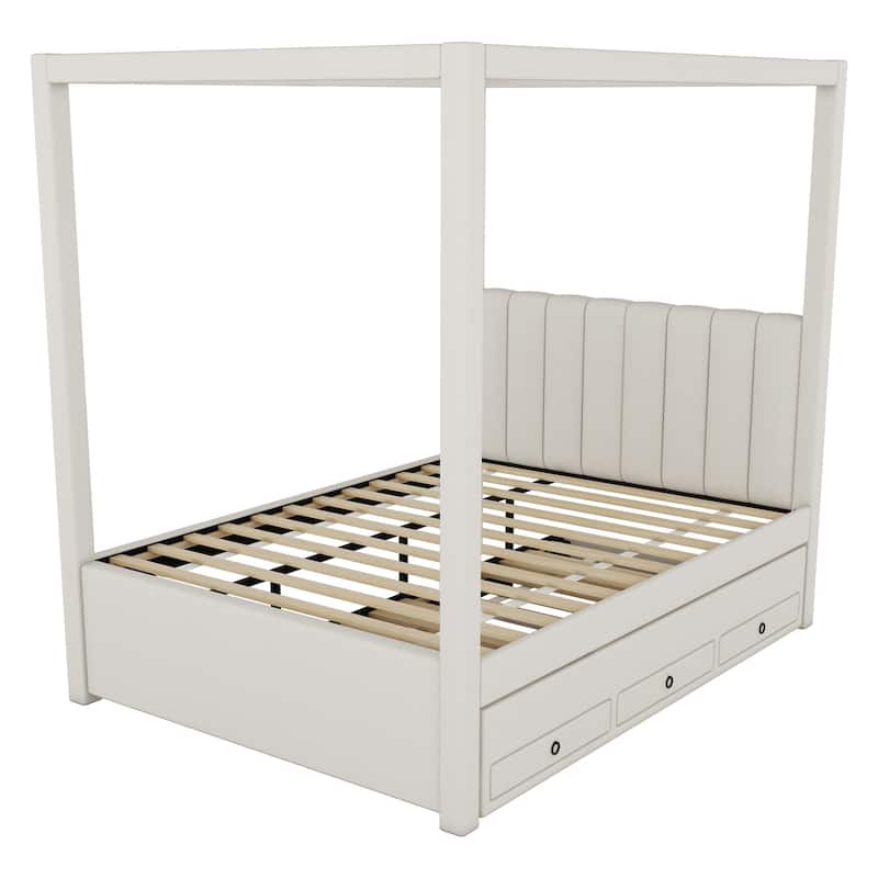 Beige Full Size Canopy Bed with Trundle and 3 Storage Drawers