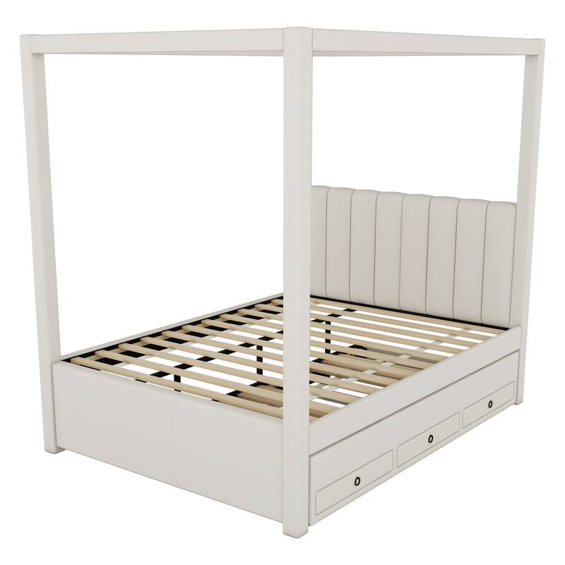 Full Size Upholstered Canopy Platform Bed with Trundle and Storage Drawers in Beige