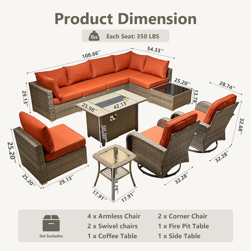 HOOOWOOO 11-piece Wicker Furniture Set Outdoor Sectional Sofa with Fire Pit