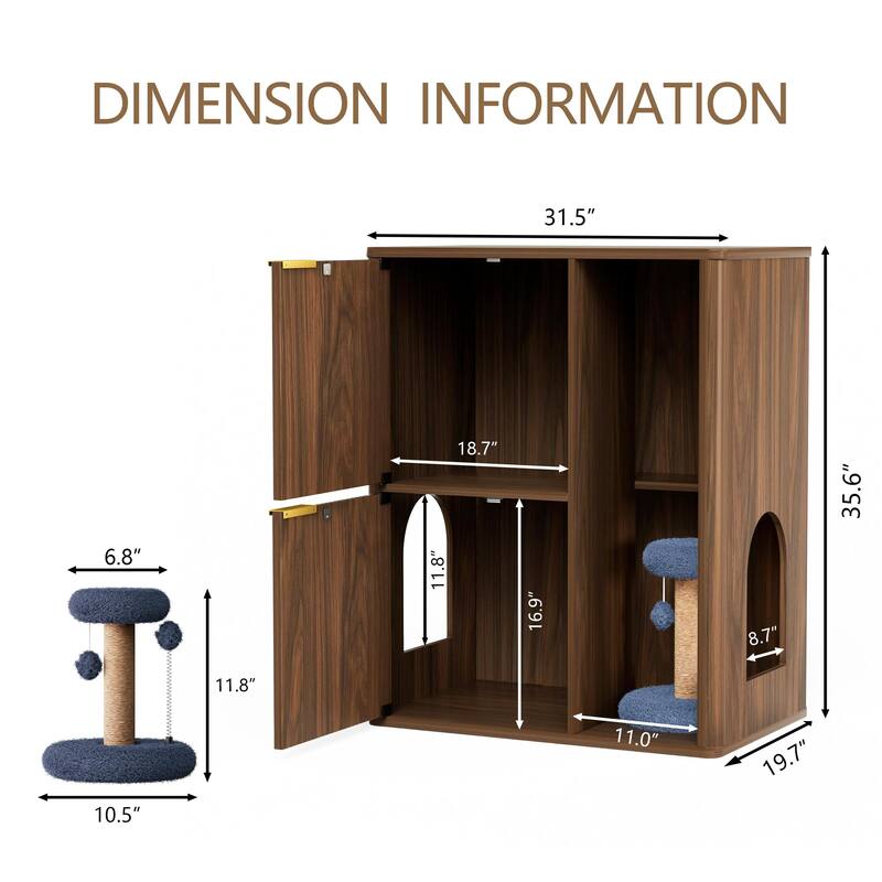 Anmytek Modern Cat Litter Box Enclosure with Cat Tree and Scratching Posts Walnut Finish Side Cabinet