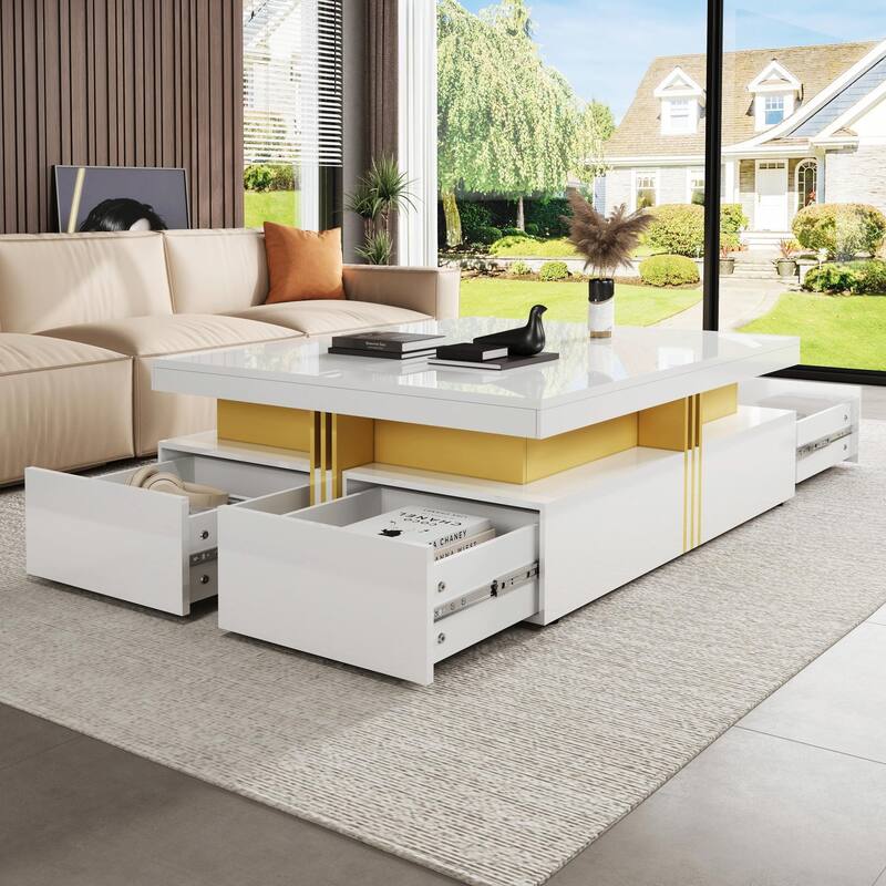 Modern Glossy Square Storage Coffee Table with 4 Drawers - Glossy White